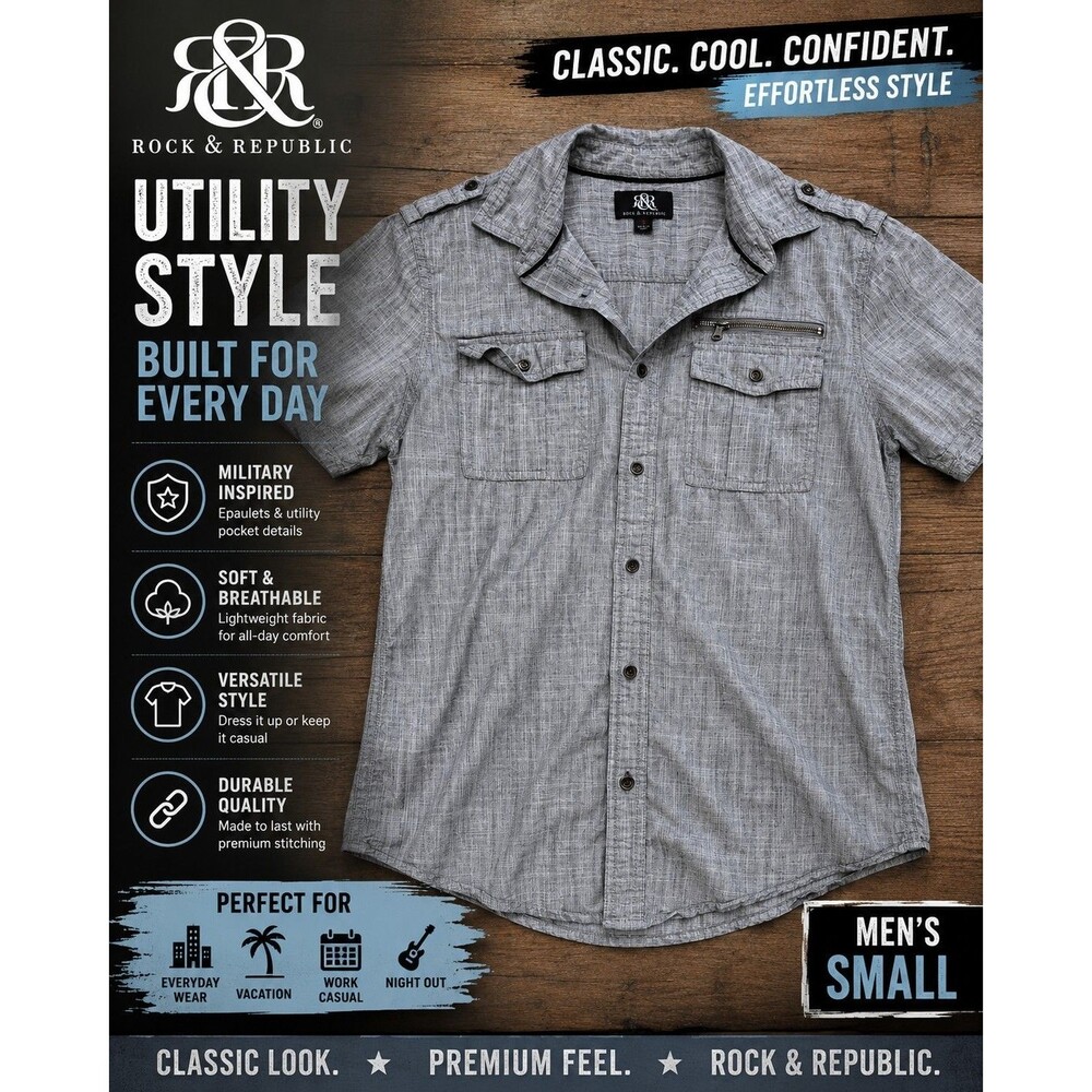 Rock & Republic Men's Small Gray Short Sleeve Button Up Shirt Utility Military